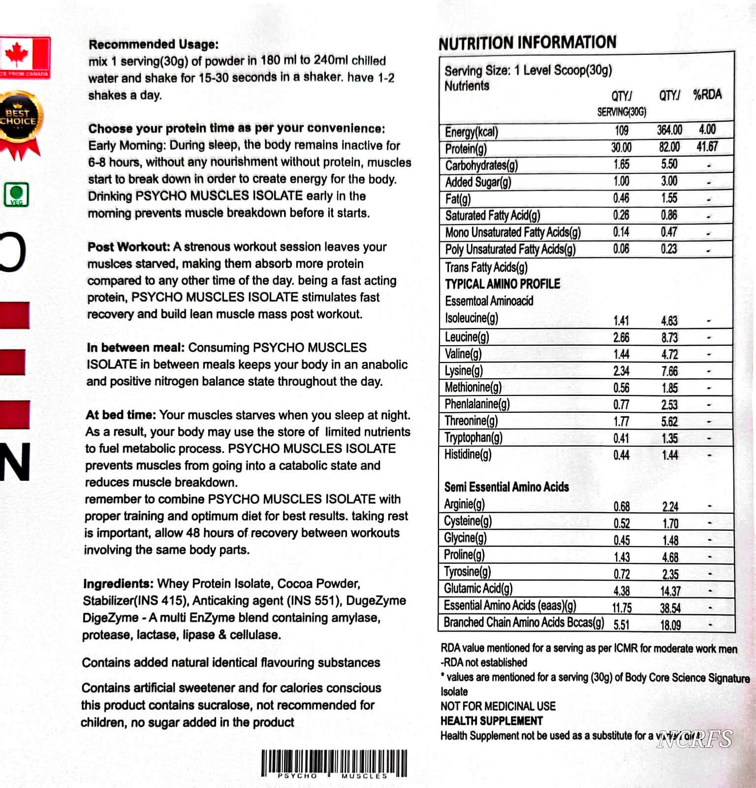 Psycho Anabolic Isolate Whey Protein 8.8 Lbs 4.0 Kg (132 Servings)